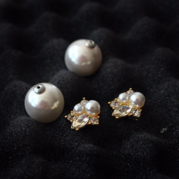 White Rhinestones Faux Pearl Earrings ♡ - Picture 7 of 8